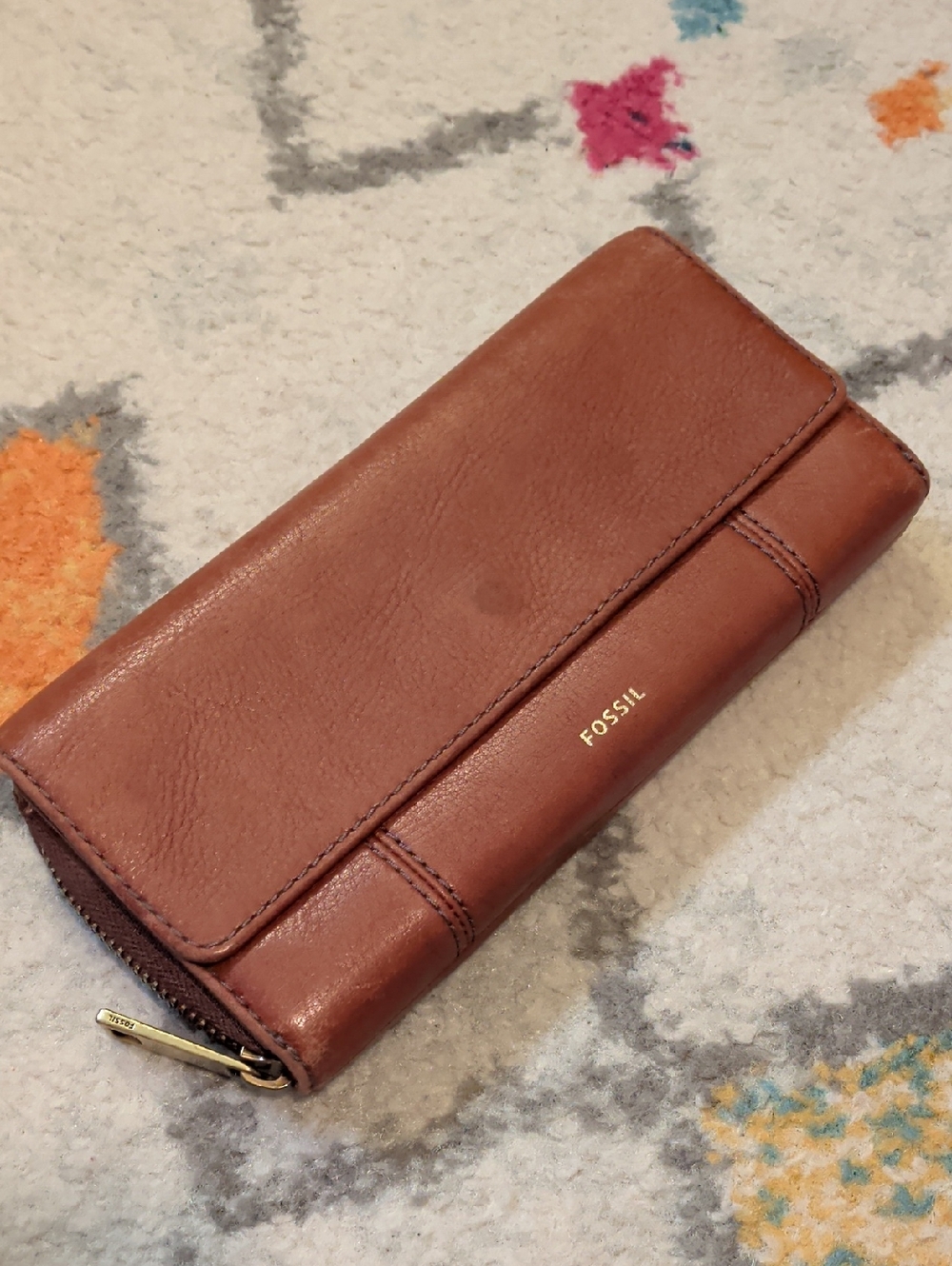 Fossil Chestnut Brown Leather Zip Clutch Wallet